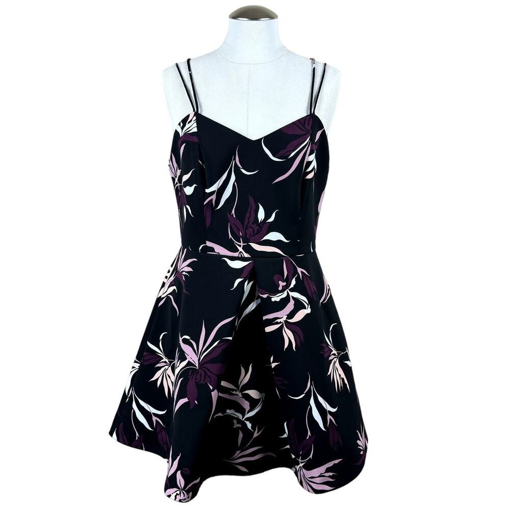 Women's Keepsake Black Pink Mini Bird of Paradise‎ Fit & Flare Short Dress Large